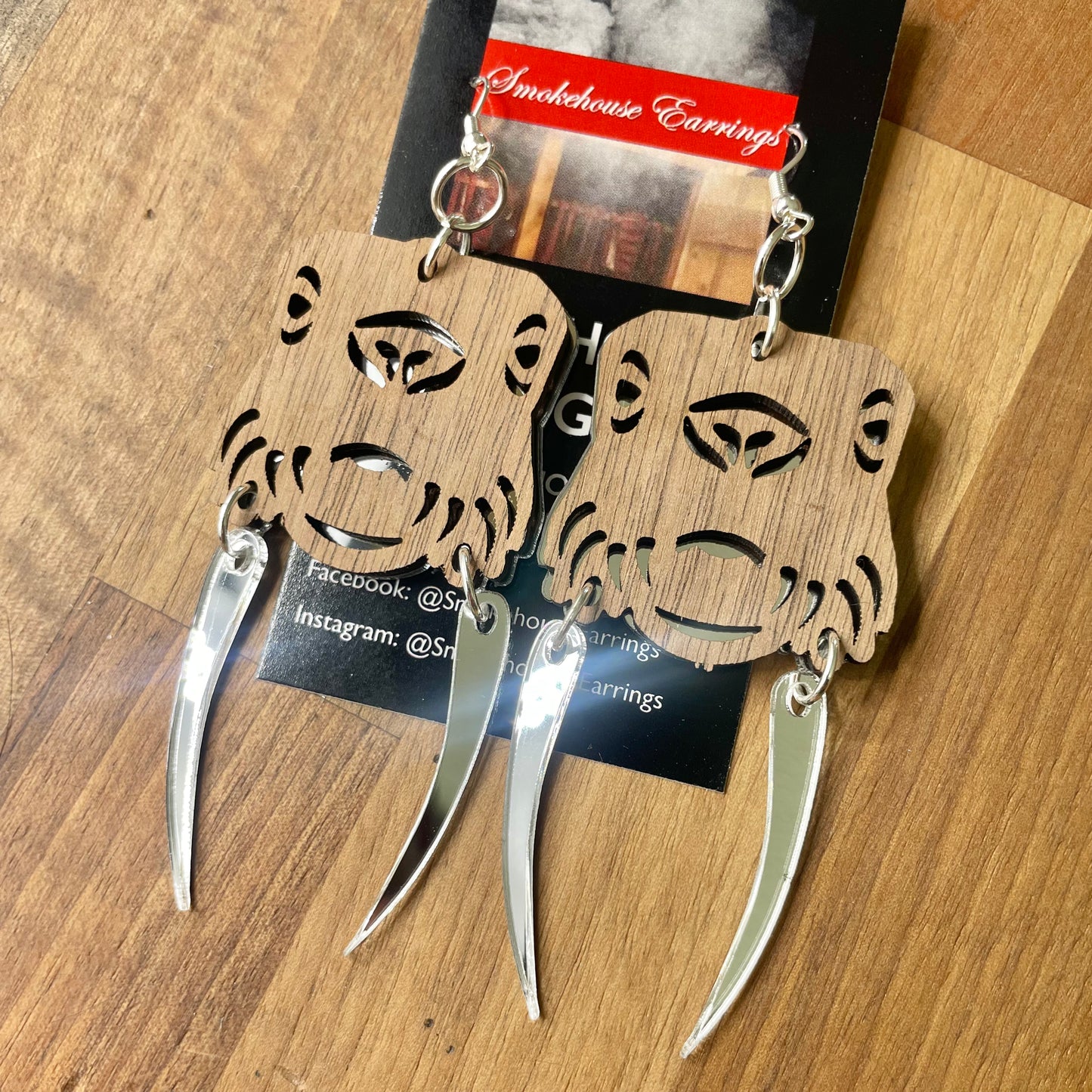Laser Cut Wood and Silver Acrylic Walrus Smokehouse Earrings