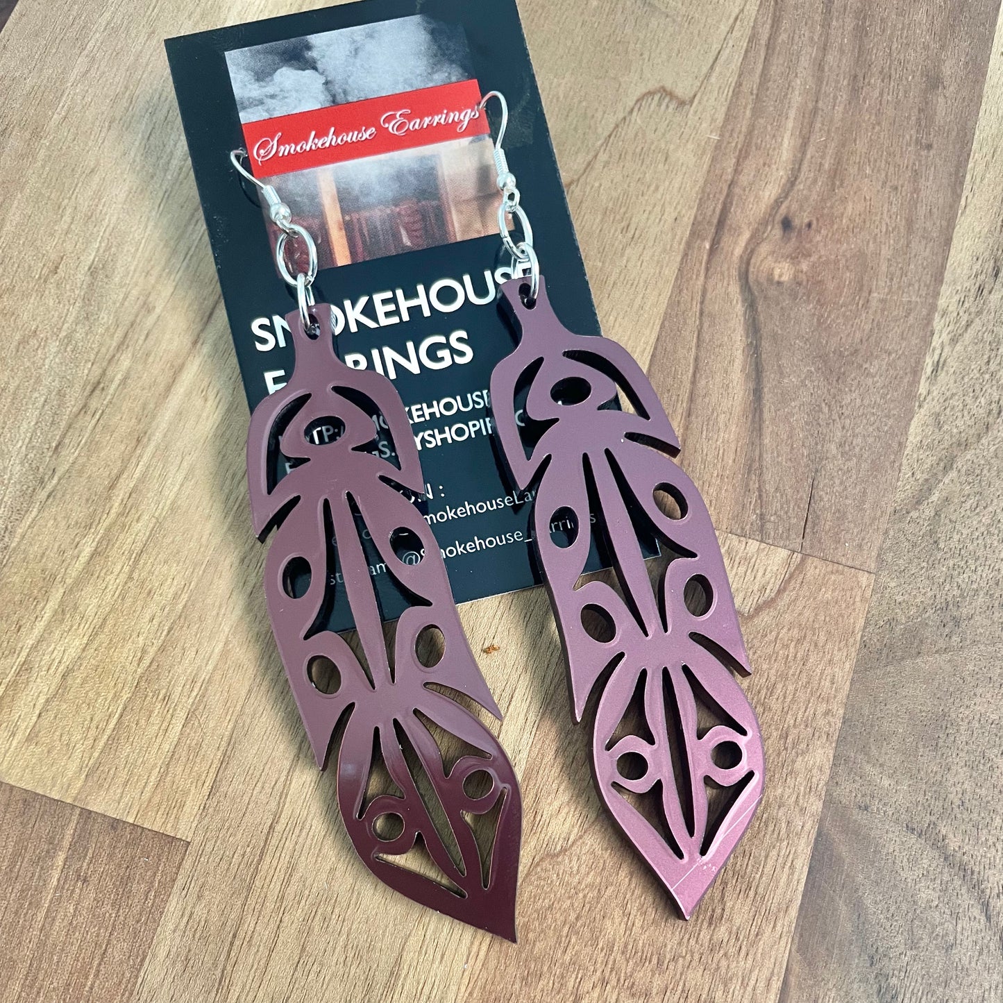 Burgundy Acrylic Feather Smokehouse Earrings
