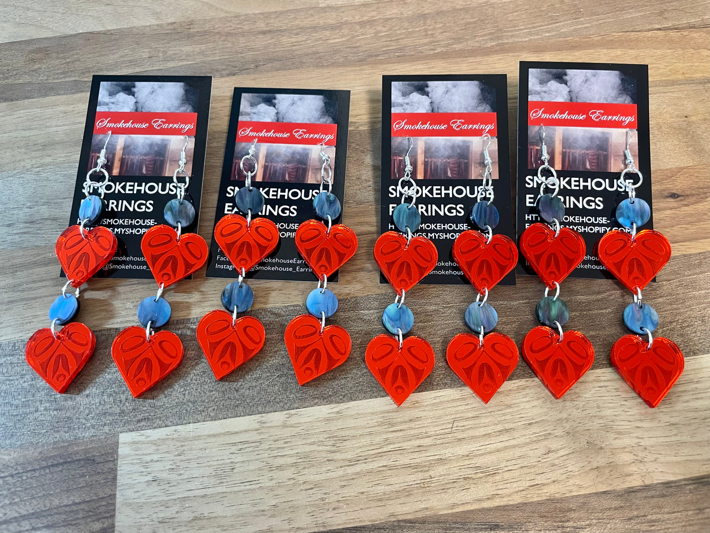 Double Red Acrylic Tribal Hearts Smokehouse Earrings