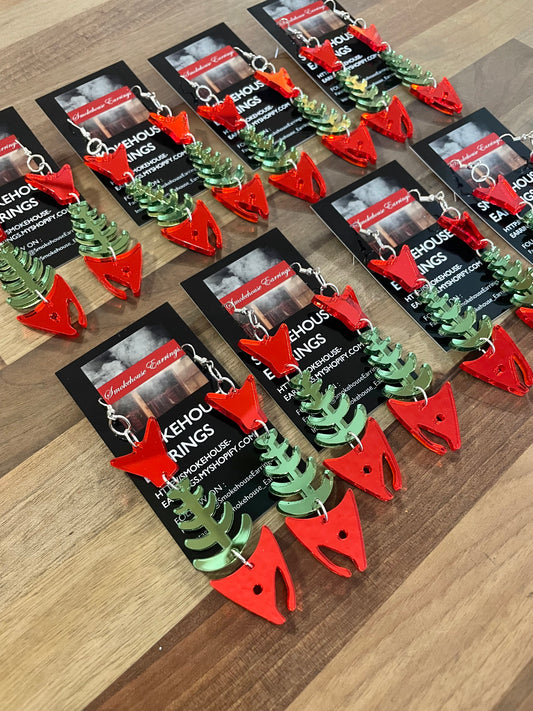 Green and Red Salmon Fish Bone 2.0 Smokehouse Earrings