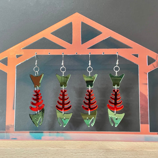Red and Green Acrylic Salmon Bone Smokehouse Earrings