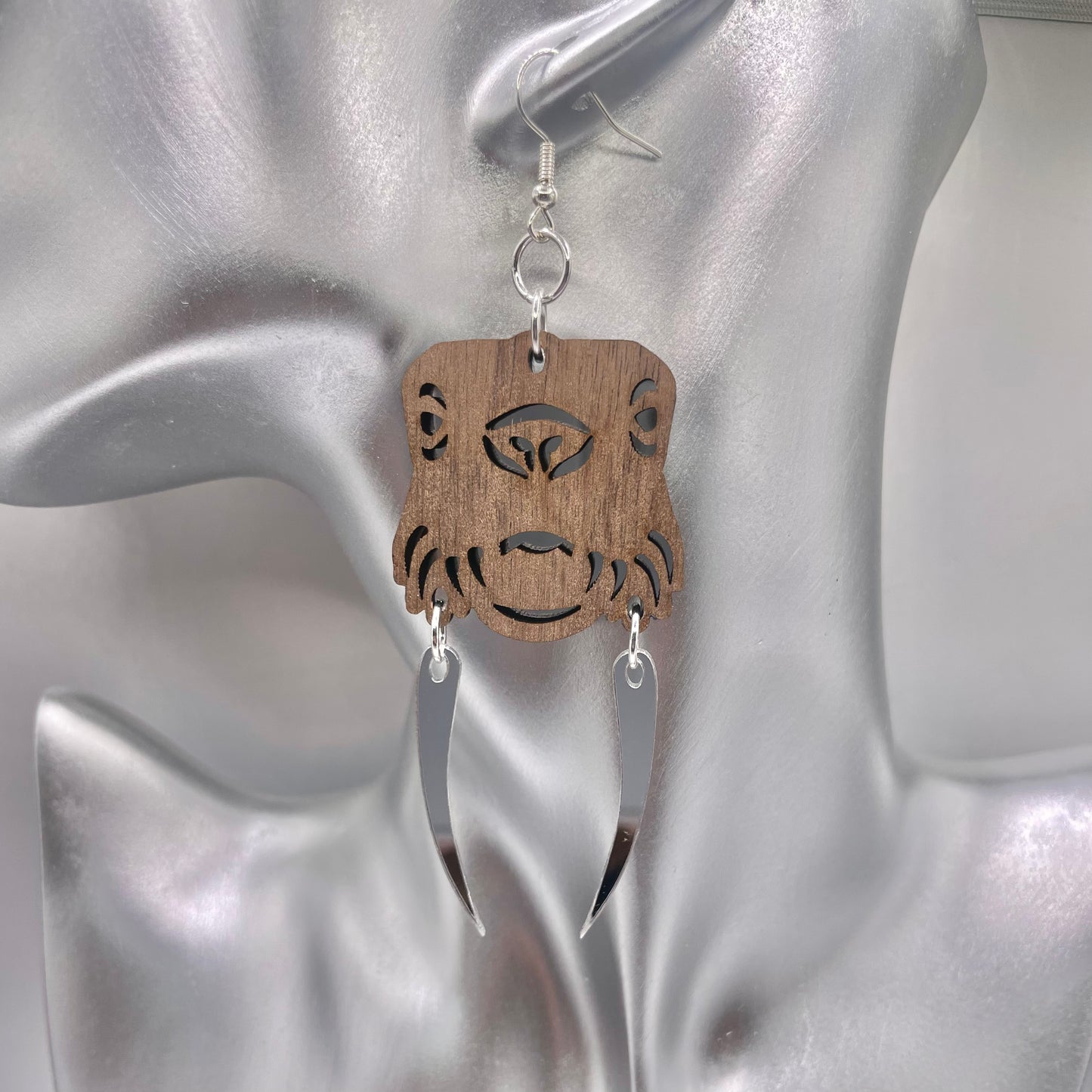 Laser Cut Wood and Silver Acrylic Walrus Smokehouse Earrings